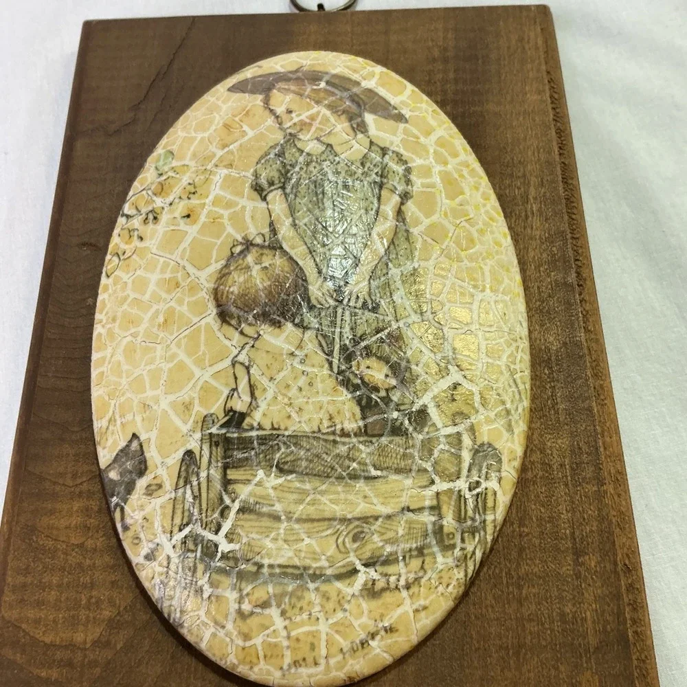 Vintage Crackle Finish‎ Ceramic Tile Wall Plaque Girl Umbrella Decoupage Wood